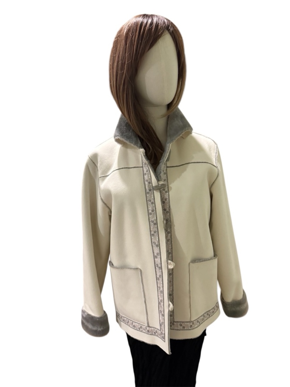 Alfred Dunner Cream Pea Coat with Gray Trim and Embroidered Tape